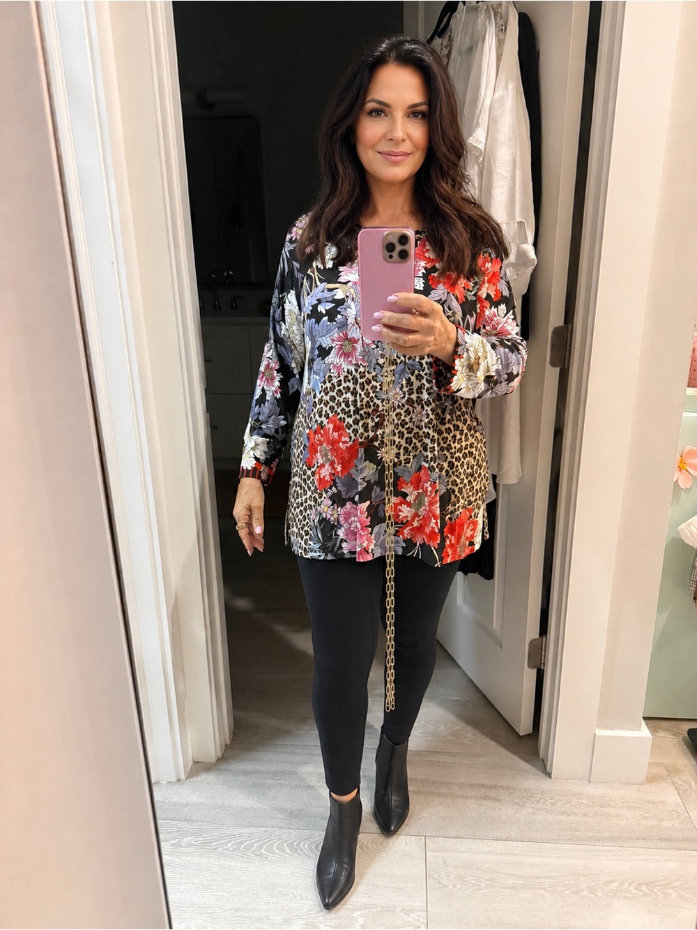 Johnny Was Black Multi Floral & Leopard Raglan Top